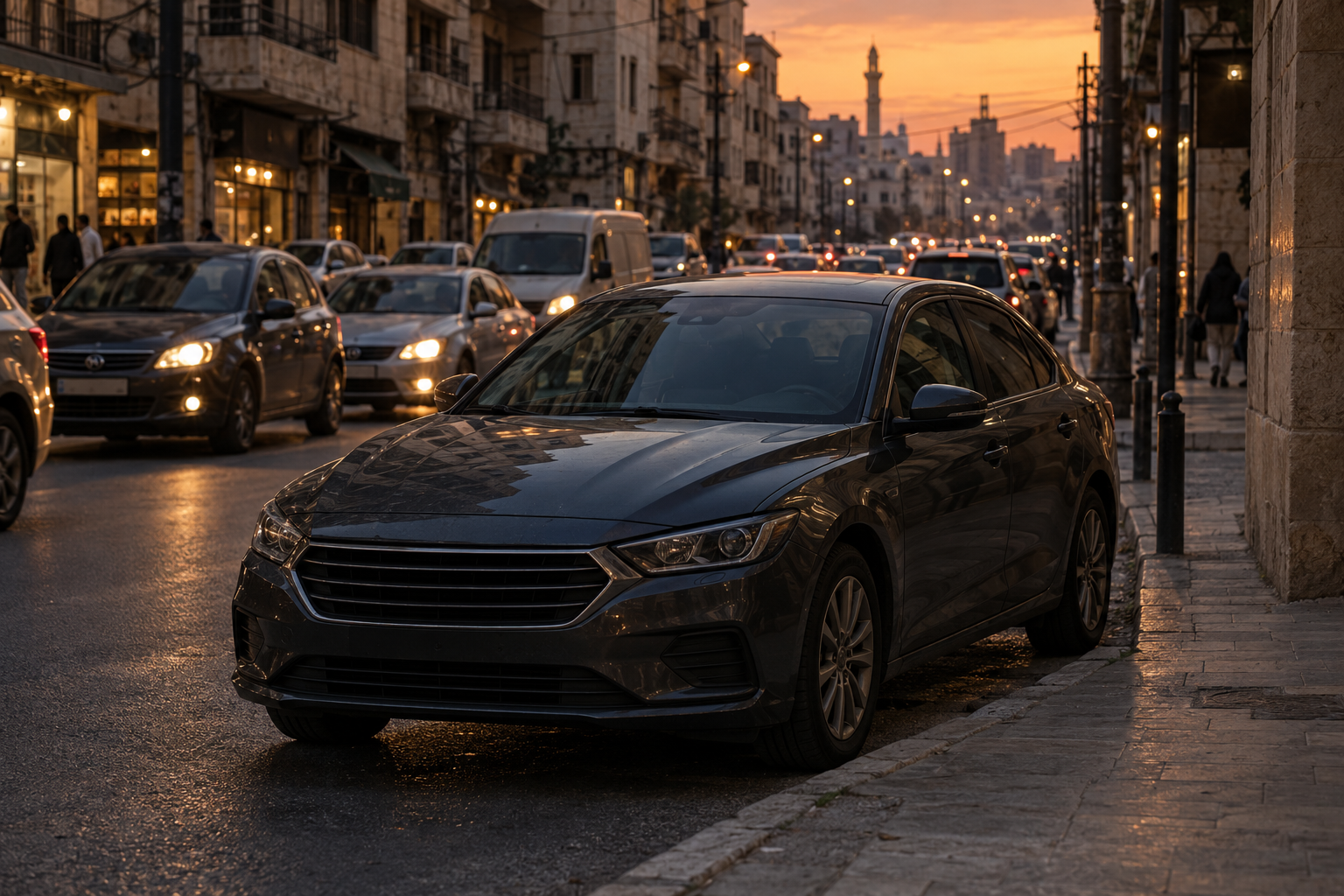 Unmarked utility vehicle on a ridge at dusk